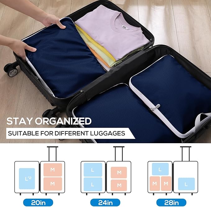 Compression Packing Cubes, 6 Set Packing Cubes for Travel Compression, Lightweight Compressible Package Organizer for Carry On and Suitcases, Navy and White