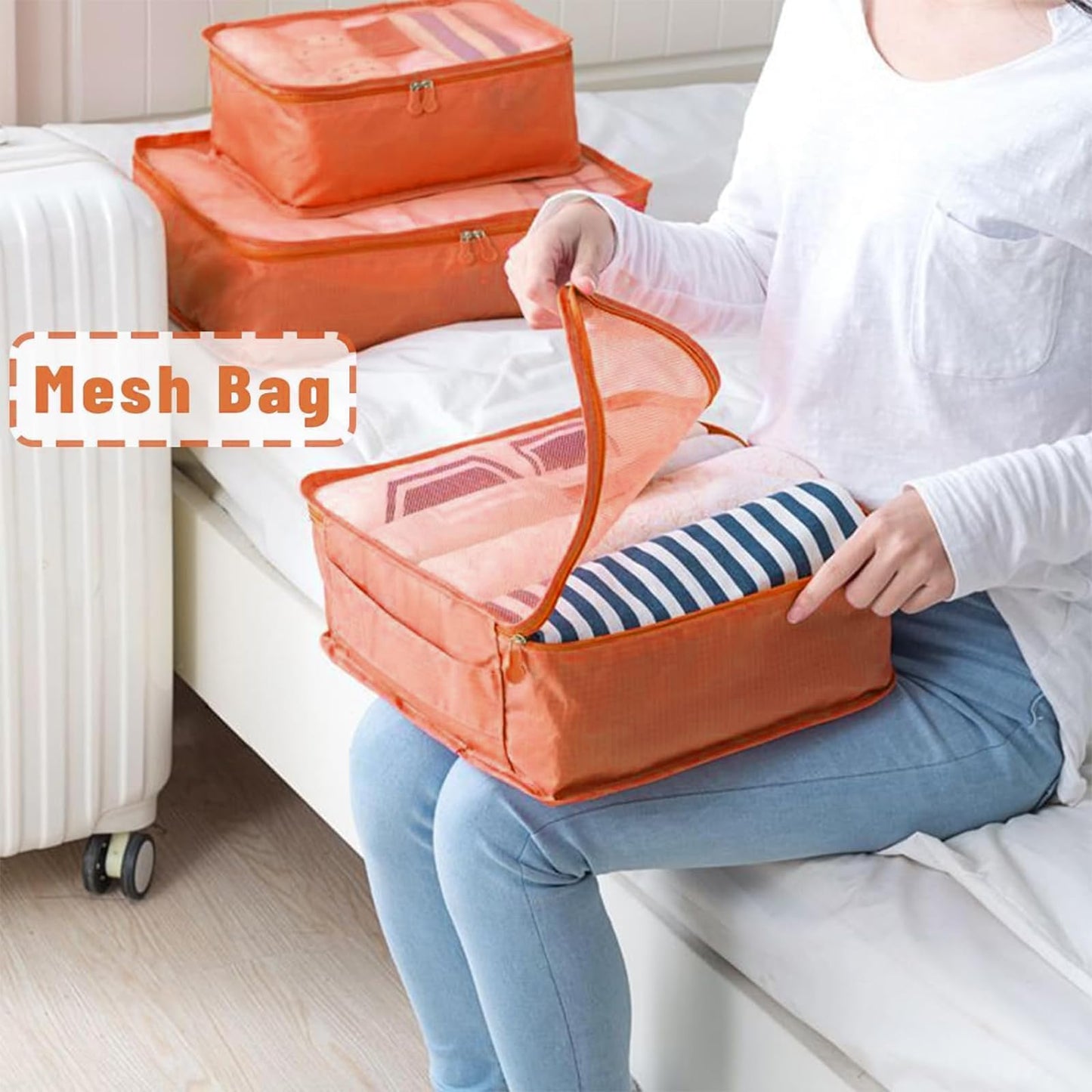 7 Set Packing Cubes for Travel Luggage Packing Bags Reusable Waterproof Suitcase Organizer Bags Set with Shoe Bag and Toiletry Bag (Orange)