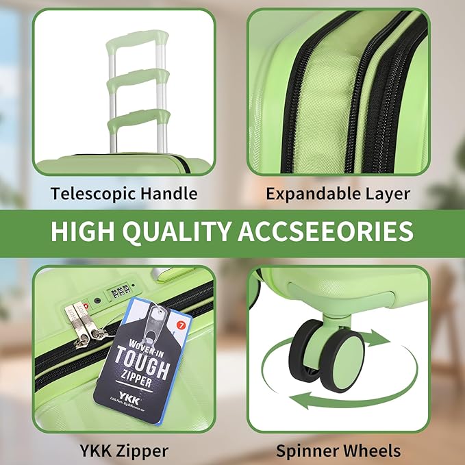 5-Piece Luggage Set, Lightweight ABS+PC Hard Shell Suitcase with YKK Zipper & TSA Lock for Family, Avocado Green, 14in/18in/20in/24in/28in