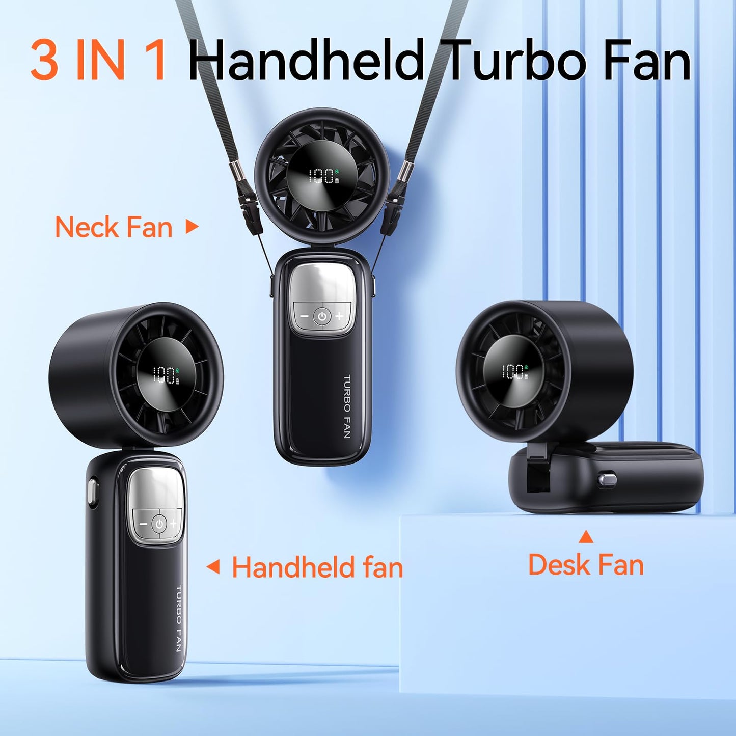 KIMMOO 3-in-1 Portable Handheld Turbo Fan-100 Speeds, 15000 RPM, 10Hrs Cooling, LED Display, 90° Rotation, USB Rechargeable Battery Powered, Mini Foldable Hand Held Personal Fan for Women Men (Black)