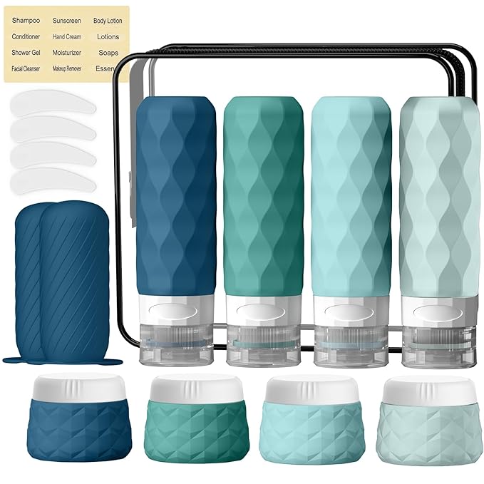 16Pack Travel Bottles for Toiletries, TSA Approved Travel Size Toiletries Containers Set, Silicone Leak Proof Refillable Bottles Elastic Sleeves Creams Jars Accessories Kit W/Clear Bag (Mint Green)