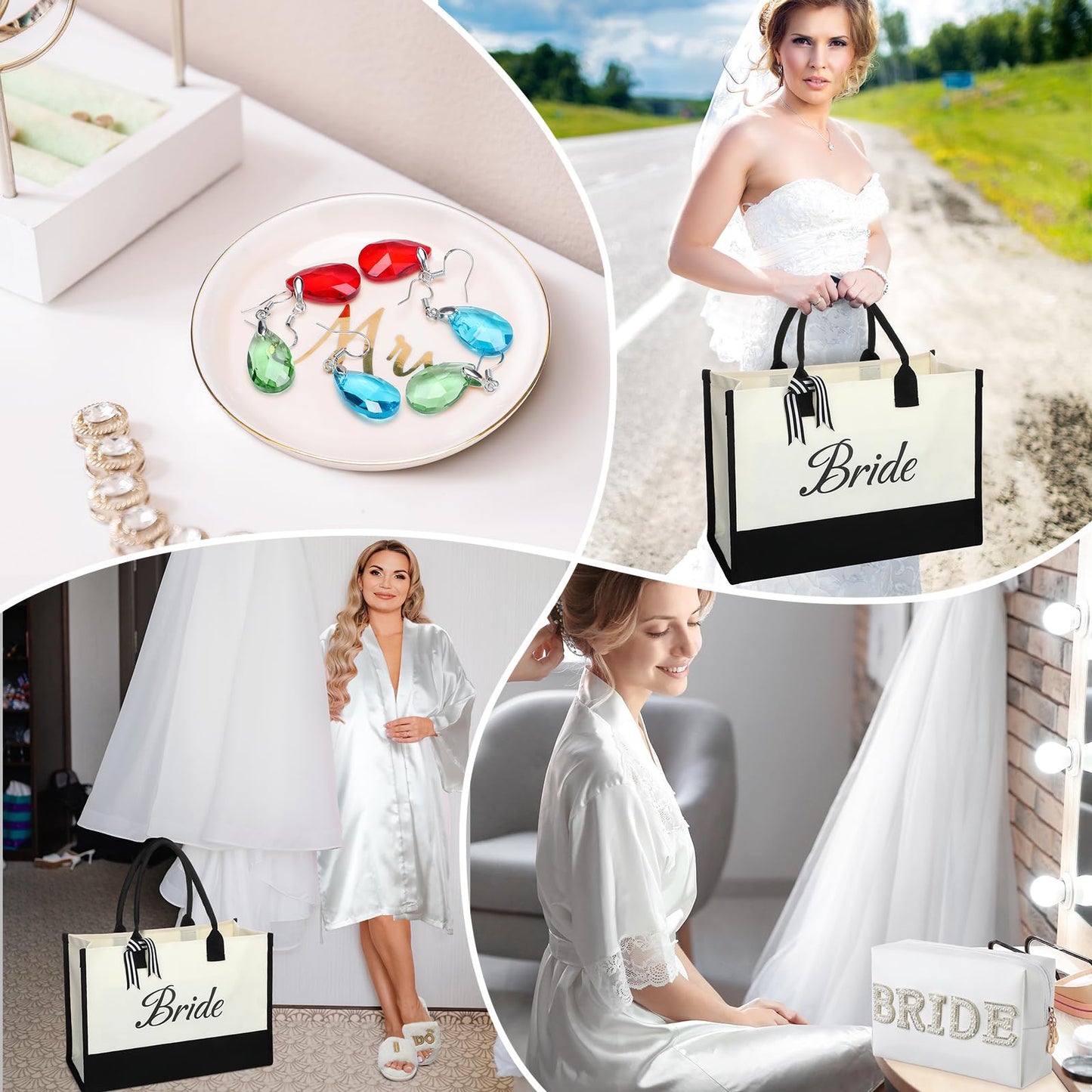 Toulite 6 Pcs Bridal Shower Gift Set Including Slide Slippers Wedding Tote Pearl Rhinestone Cosmetic Bag Bridal Robe Wedding Tumbler Ceramic Jewelry Dish Tray for Engagement Bachelorette Party