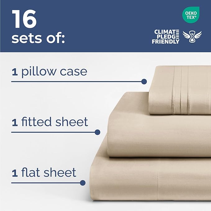 Bulk Case Pack of 16 Sheet Sets - (16) Complete Twin Size Sheet Sets with Deep Pockets - Wholesale Bulk Bedding for Hotels, Spas & Airbnbs - Breathable, Cooling, Soft & Wrinkle Free - (Twin, Wheat)
