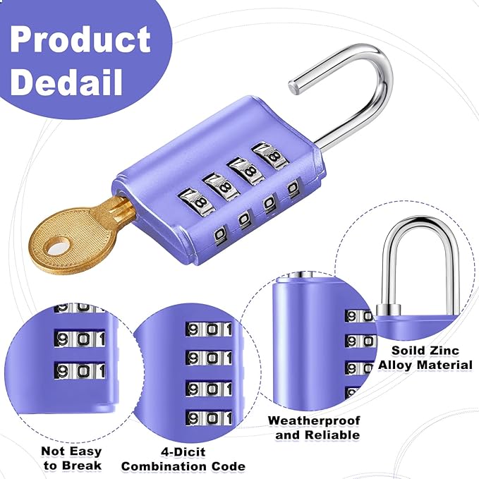 Kenning 10 Pcs Combination Padlock 4 Digit Combination Lock with Keys Locker Resetable Security Outdoor Waterproof Lock for School Sports Gym Locker Employee Fence Case (Purple)