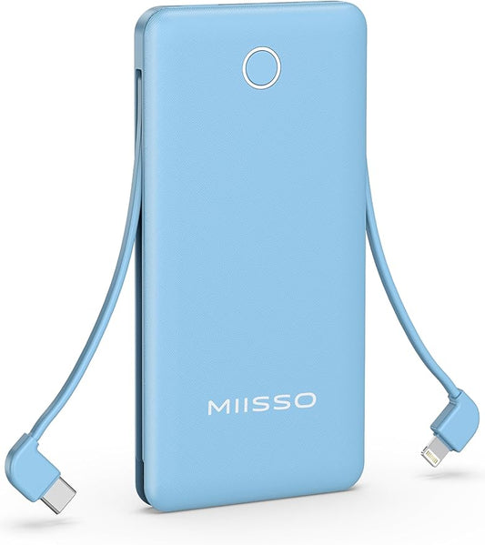 10000mAh Compatible with iPhone 15/16/17 (Only) Slim Portable Charger with Built in Cable, Power Bank Travel Charger External Battery Pack for Phone, 3 Output USB Type C Cord Clutch Charger, Blue