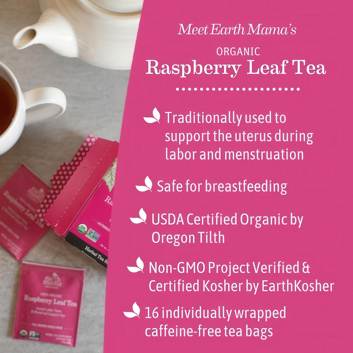 Earth Mama Organic Raspberry Leaf Tea Bags | Labor Tonic & Menstrual Support Herbal Tea, Red Raspberry Leaf Tea for Pregnancy & Postpartum Care Recovery, Caffeine Free Tea, Non GMO, (16-Teabags, 2-Pk)