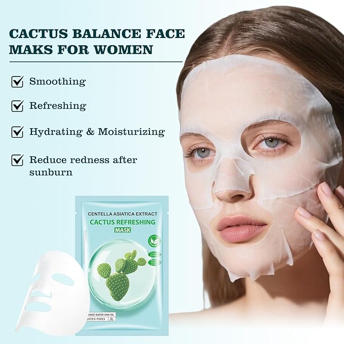 Cactus Facial Mask for Women,Hydrating Face Mask Sheet Home SPA,Moisturizing Face Sheet Mask for Dry,Oily,Sensitive Skin 30ml（5Pack）