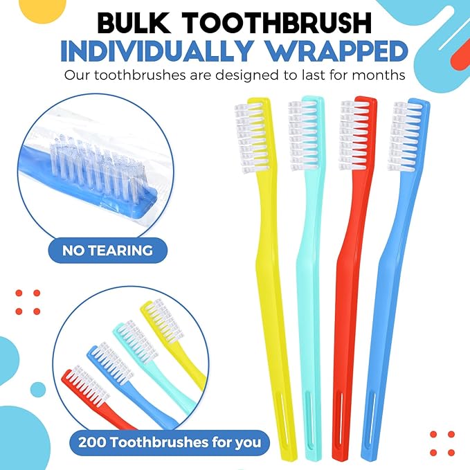 CHENGU 200 Pack Individually Wrapped Disposable Toothbrush Bulk Single Use Toothbrush with Soft Bristle for Women Men Adult Hotels Guest Travel Donation(Multicolor)