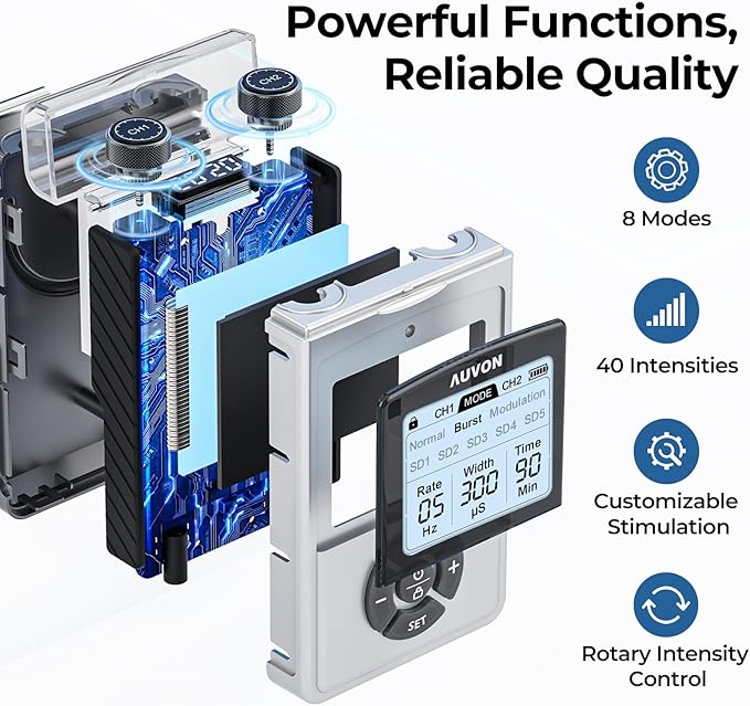 AUVON Rechargeable Digital TENS Unit Muscle Stimulator with 600 mAh Battery, TENS Machine with 8 Customizable Modes, Electric Massager for Shoulder, Back Pain Relief, 6 TENS Pads, A Carry Case