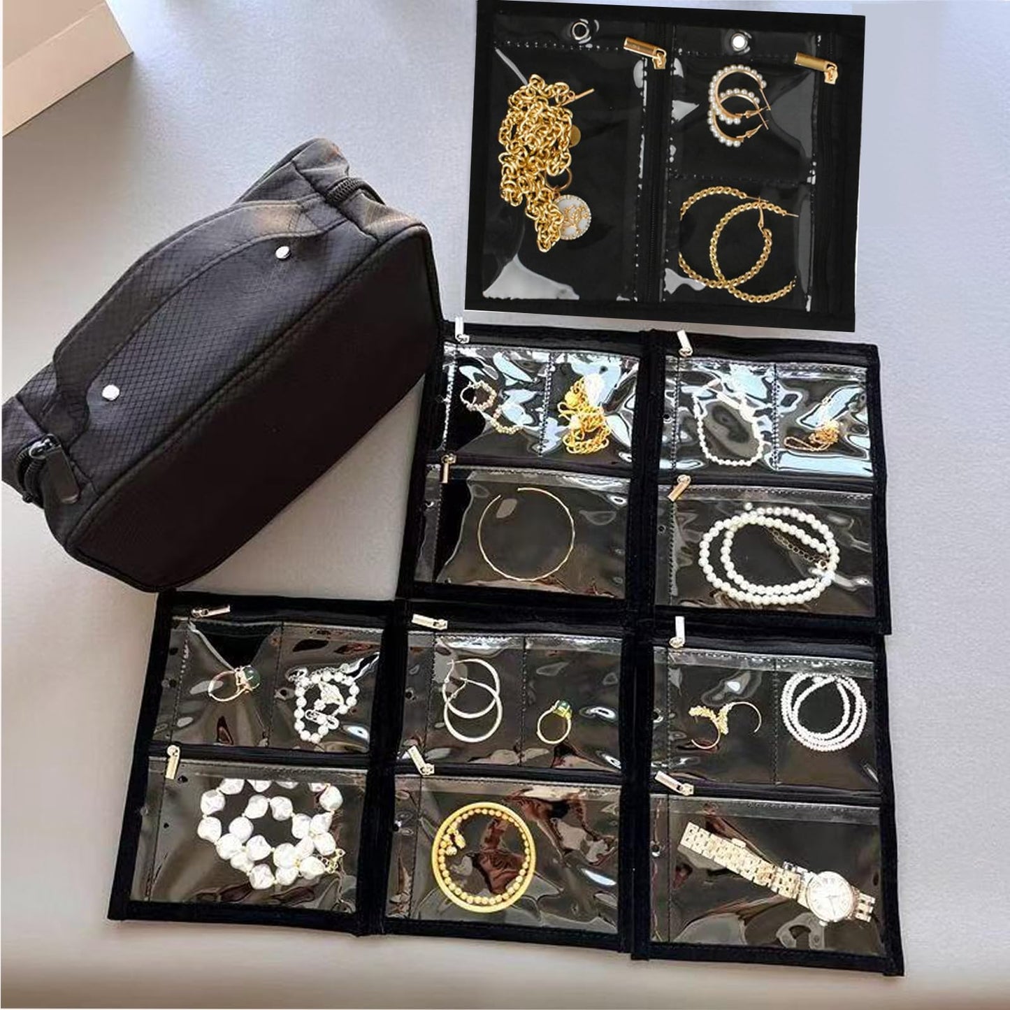 GSXRB Waterproof Anti-Tarnish Jewelry Organizer for Travel - Large Capacity Foldable Jewelry Box with 36 Compartments, Portable Earring Necklace Ring Organizer (Black)