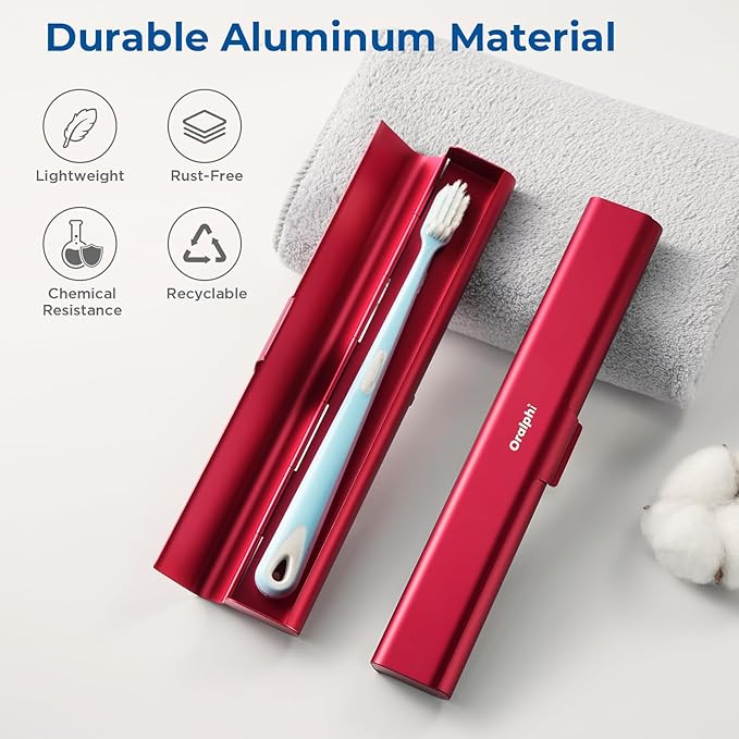 Aluminum Toothbrush Travel Case, Portable Travel Toothbrush Holder, Durable Manual Toothbrush Box Container for Traveling, Bathroom, Camping, Business Trip-Red