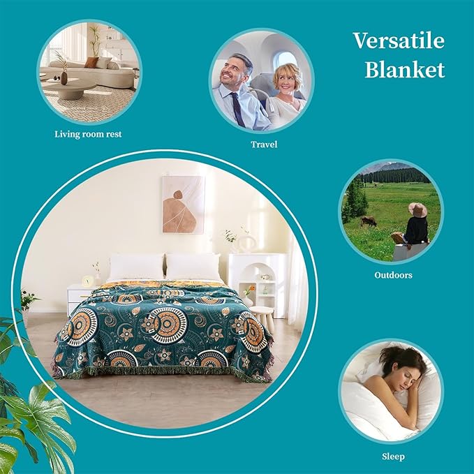 Boho Throw Blanket for Bed 100% Cotton Ultra Soft Rustic Quilt Farmhouse Decor Spring Bed Fall Blanket Large,All Season Rustic Throw for Sofa Couch Chair (Boho-Floral-O, 60"×80")