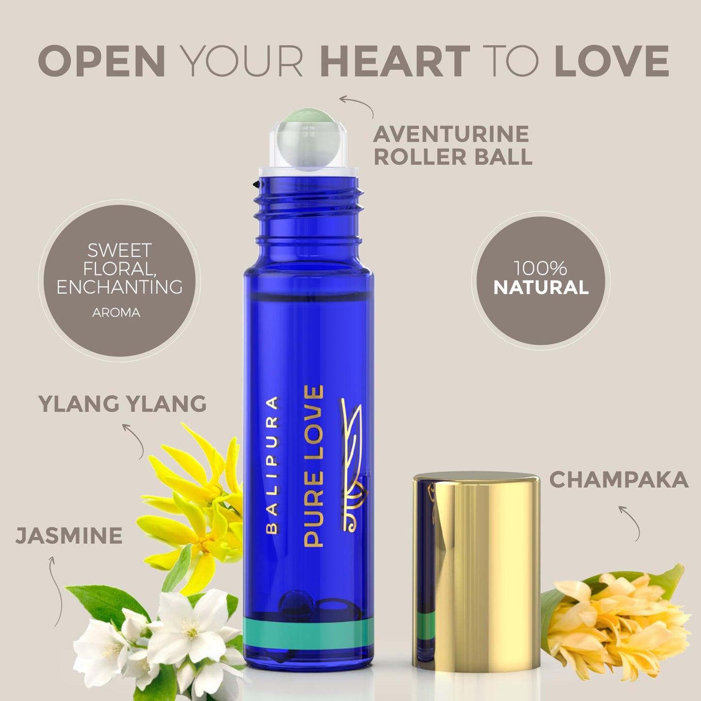 BALIPURA - Pure Love Crystal Aura Roll On - Jasmine Essential Oil with Love Rose Quartz Crystals - Essentail Oils for Body - Calming Essential Oils Roll On - Valentines Day Gift for Women - 0.34 floz