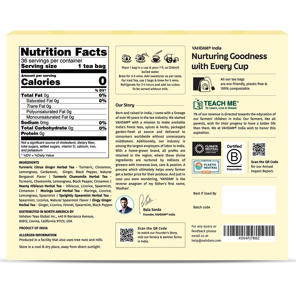 VAHDAM, Herbal Tea Sampler (36 Tea Bags, 6 Flavors) Caffeine-Free, Non-GMO | Assorted Tea Sampler - Turmeric Citrus Ginger, Turmeric Chamomile, Hibiscus, Moringa, Spearmint, Ginger | Gifts for Him/Her