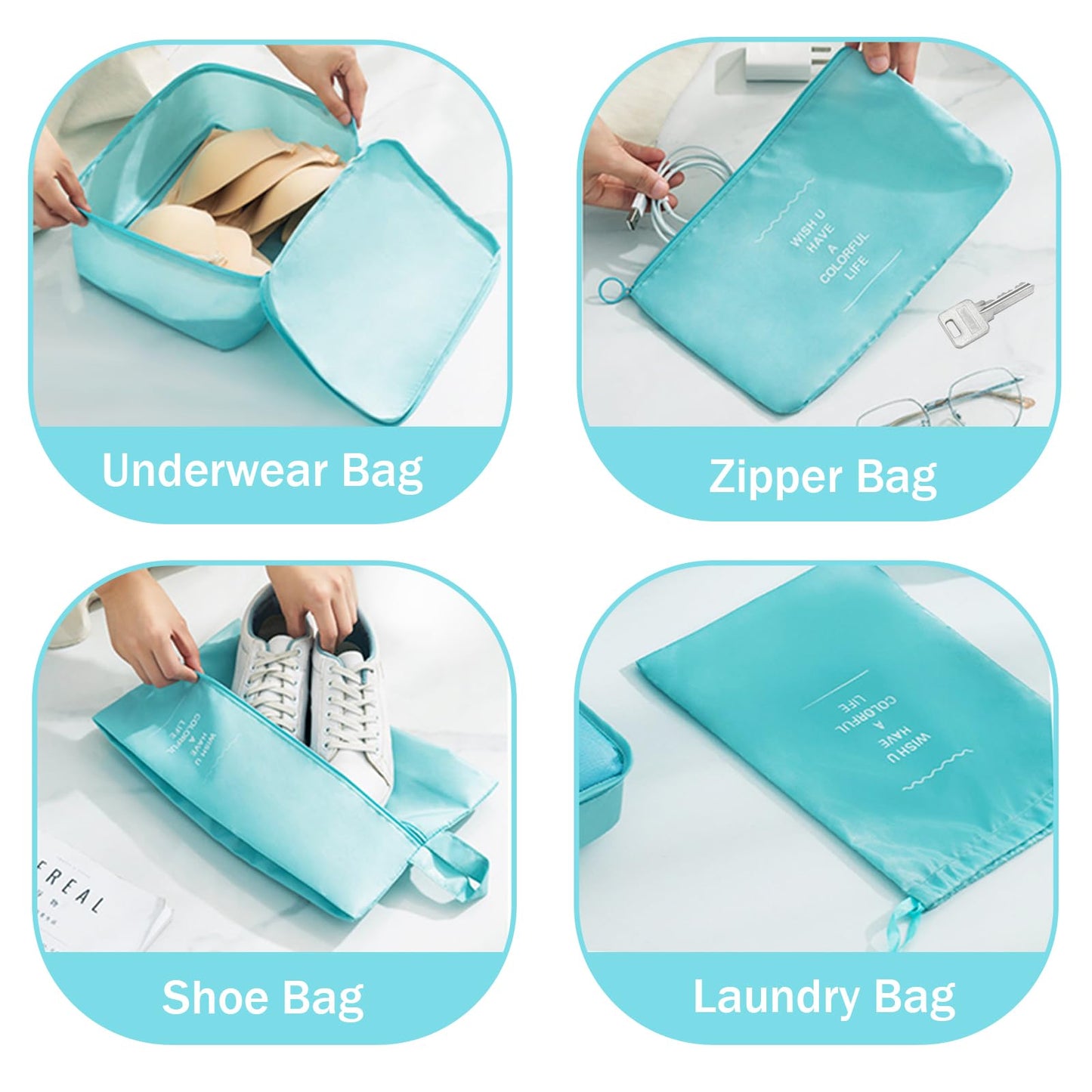 Packing Cubes - 10 Pieces Luggage Sets Waterproof Suitcase Organizer Mesh Packing Bags Clothes Shoes Cosmetics Toiletries Space Saver Storage Bags with Portable Bottles for Travel (Blue)