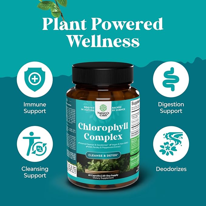 Chlorophyll Capsules for Cleanse and Detox Support - Internal Deodorant Pills for Body Odor with Mint & Parsley Extract Healthy Skin Immunity & Digestive Support - Vegan Non-GMO & Gluten Free (60ct)