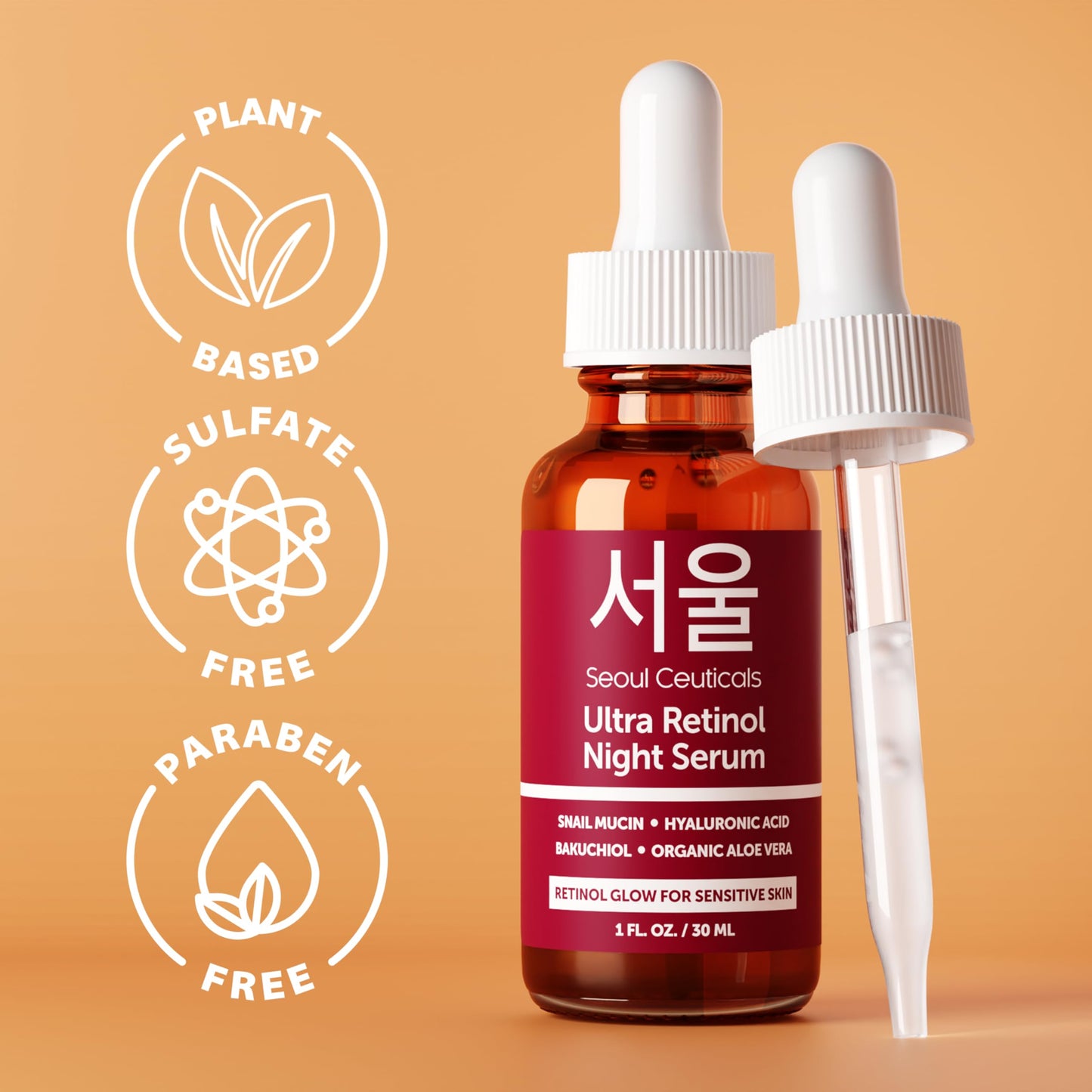 SeoulCeuticals 1% Korean Retinol Night Serum for Face - 97.5% Snail Mucin + Hyaluronic Acid + Bakuchiol, Cruelty Free K Beauty for Sensitive Skin 1oz