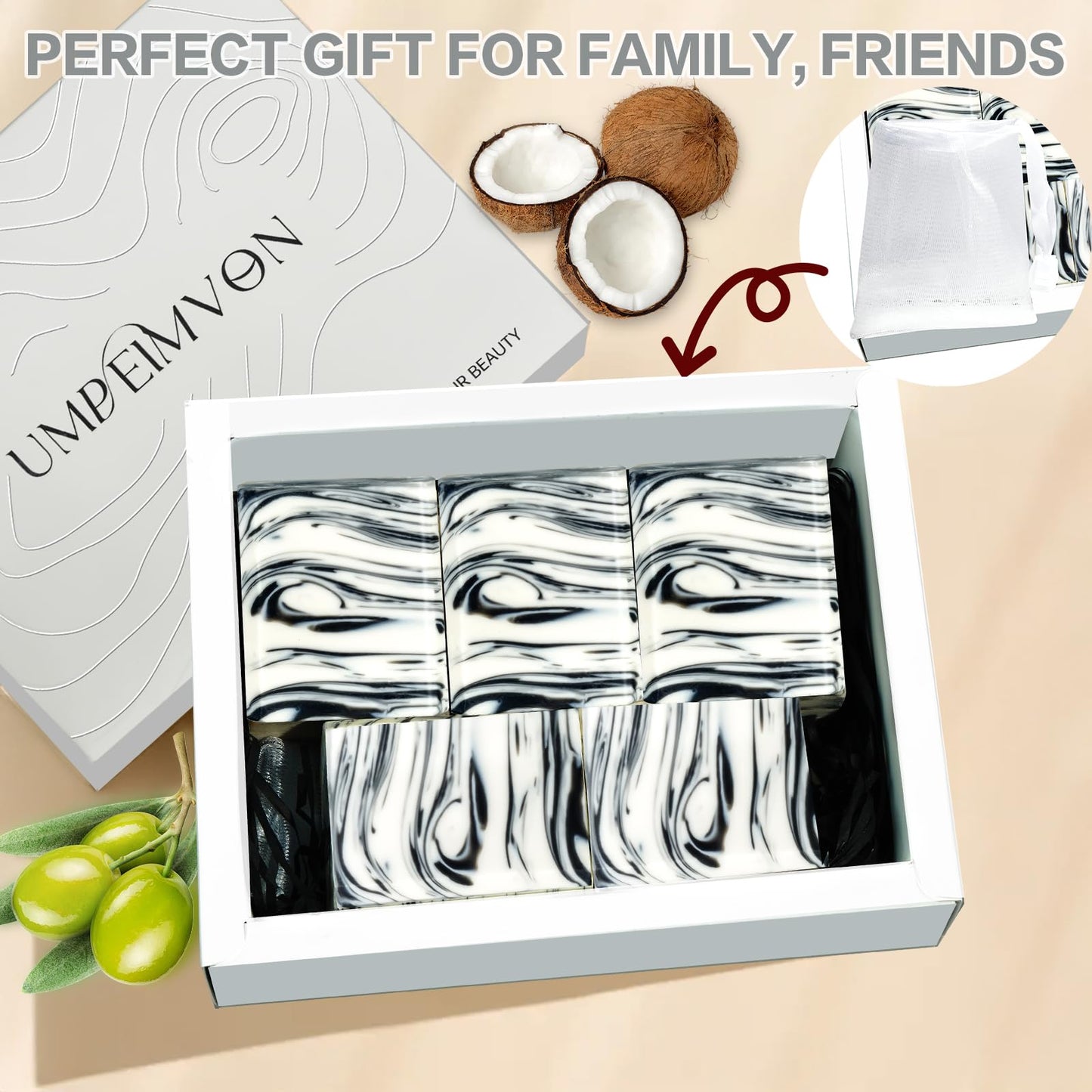 Umpeimvon 5 Pack Castile Soap Bar Handmade Organic Olive Oil Soap, All Cold Process Natural Bar Soap for Women and Men, Olive and Coconut Oil Infused Keep Skin Silky and Hydrated, 3.53 oz