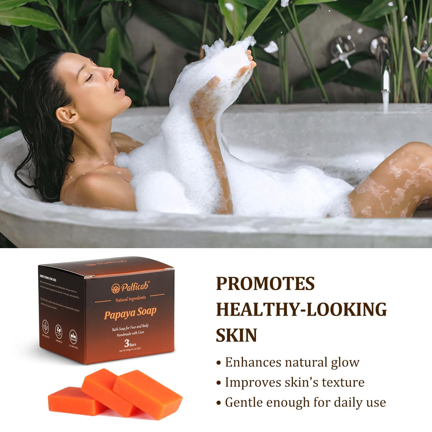 PALFICAB Natural Bar Soap for Women - Moisturizing Bar Soap with Papaya, Shea Butter, Moisturizing Handmade Soap for Dry Skin, Gentle Exfoliating and Nourishing Skincare, 3 Bars