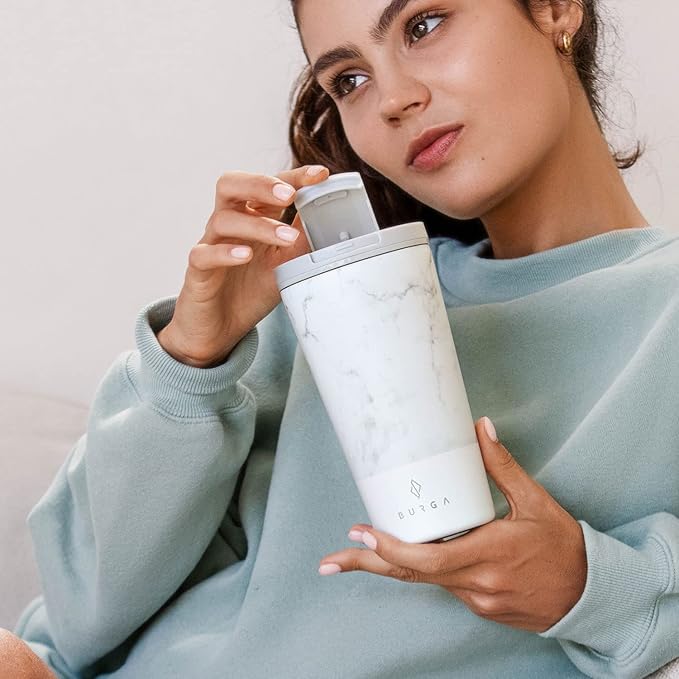 BURGA Travel Coffee Mug (16oz) – Spill-Proof, Secure-Seal Insulated Coffee Mug – Scratch-Resistant, Stainless Steel Travel Mug Stays Hot or Cold – Anti-Slip Coffee Tumbler – White Marble Travel Mug