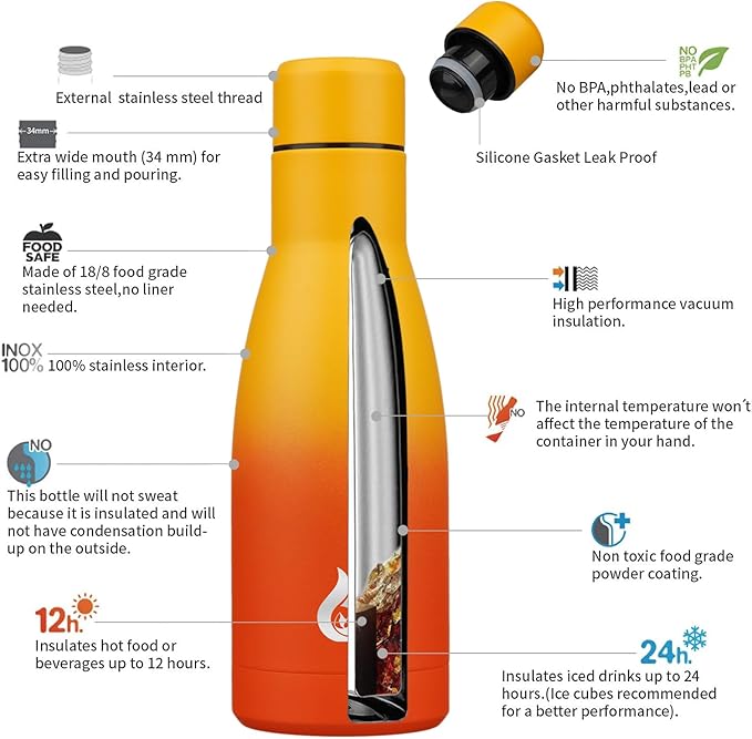 BJPKPK Insulated Water Bottle 12oz Samll Stainless Steel Water Bottles Reusable Metal Thermal Keep Cold and Hot,Sunset Orange