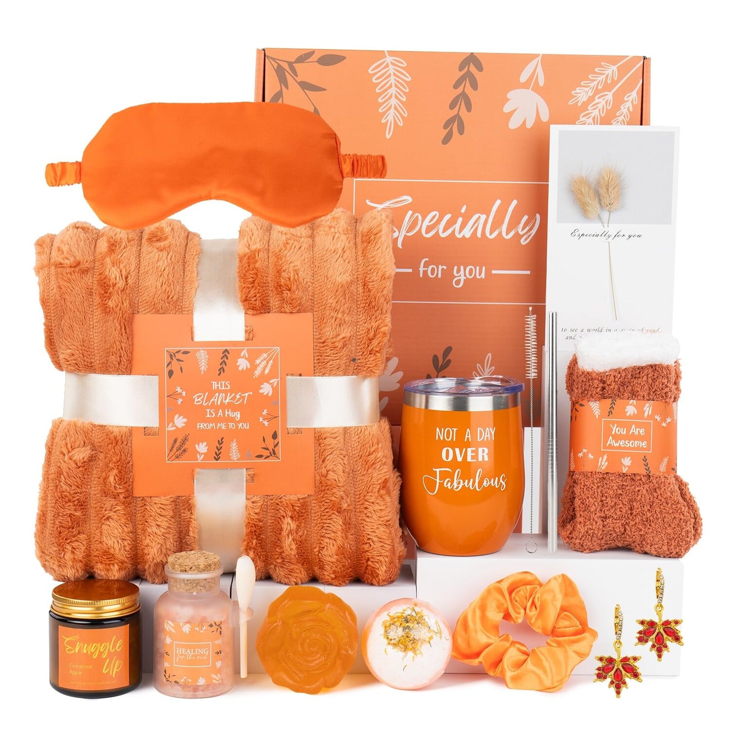 Self Care Package for Women, Orange Get Well Gifts for Women, Fall Gift Baskets for Woman, Thinking of You Self Care Gifts for Woman, Relaxing Birthday Spa Gift Baskets for Mom, Sister, Her, Friend