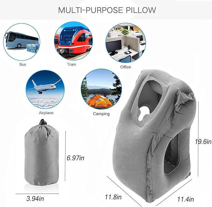 Inflatable Travel Pillow, Airplane Neck Pillow for Sleeping, Supports Head and Chin for Airplanes,Trains,Cars and Office Napping with 3D Eye Mask and Earplugs and Portable Drawstring Bag