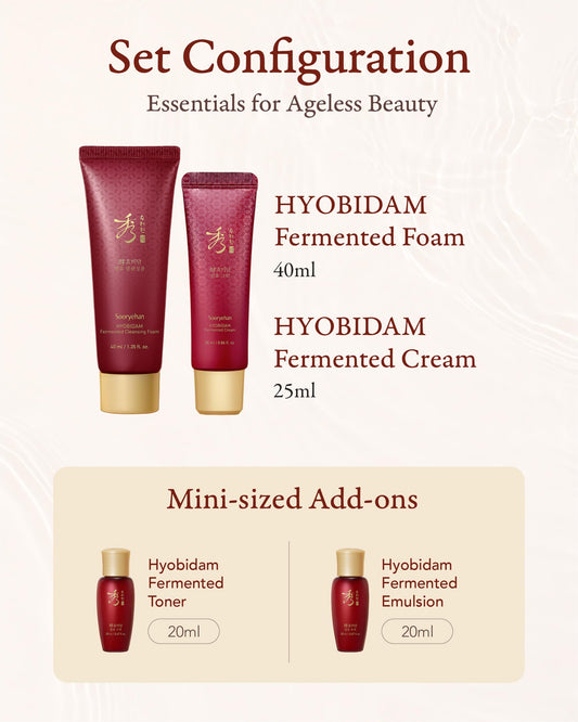 Sooryehan Hyobidam Fermented Travel Kit (Pack of 4) - Herbal korean skincare set with Toner, Emulsion, Cream & Cleansing Foam, featuring Baekhyodan™ & Silver Mushroom. for hydration & elasticity.