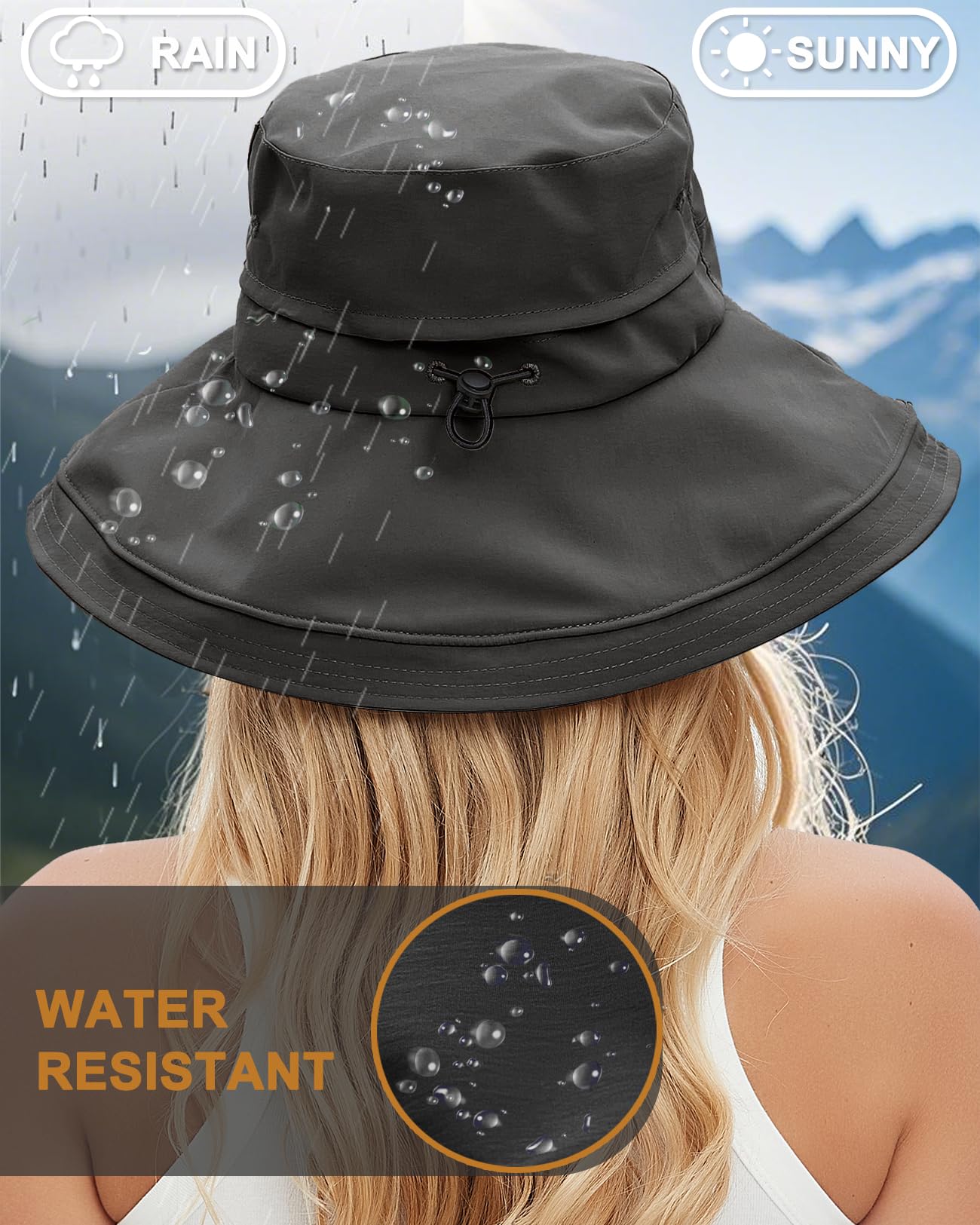 Sun Hats for Women, Wide Brim Waterproof Bucket Hat, Summer Beach Packable Ponytail Hat,UPF 50+ UV Protection Black