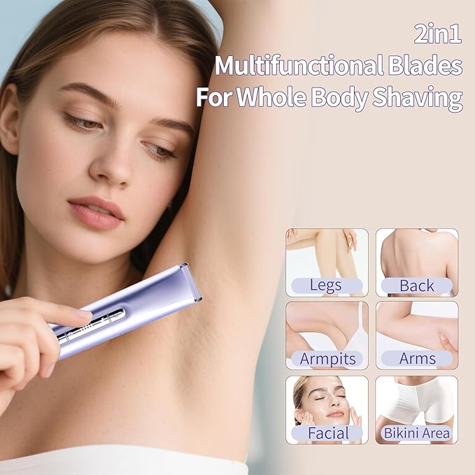 2-in-1 Electric Shaver & Bikini Trimmer for Women - Painless Electric Razor for Face,Body & Intimate Areas,Cordless Wet/Dry Shaver with Dual Blades,Waterproof for Shower&Travel (Lavender Purple)
