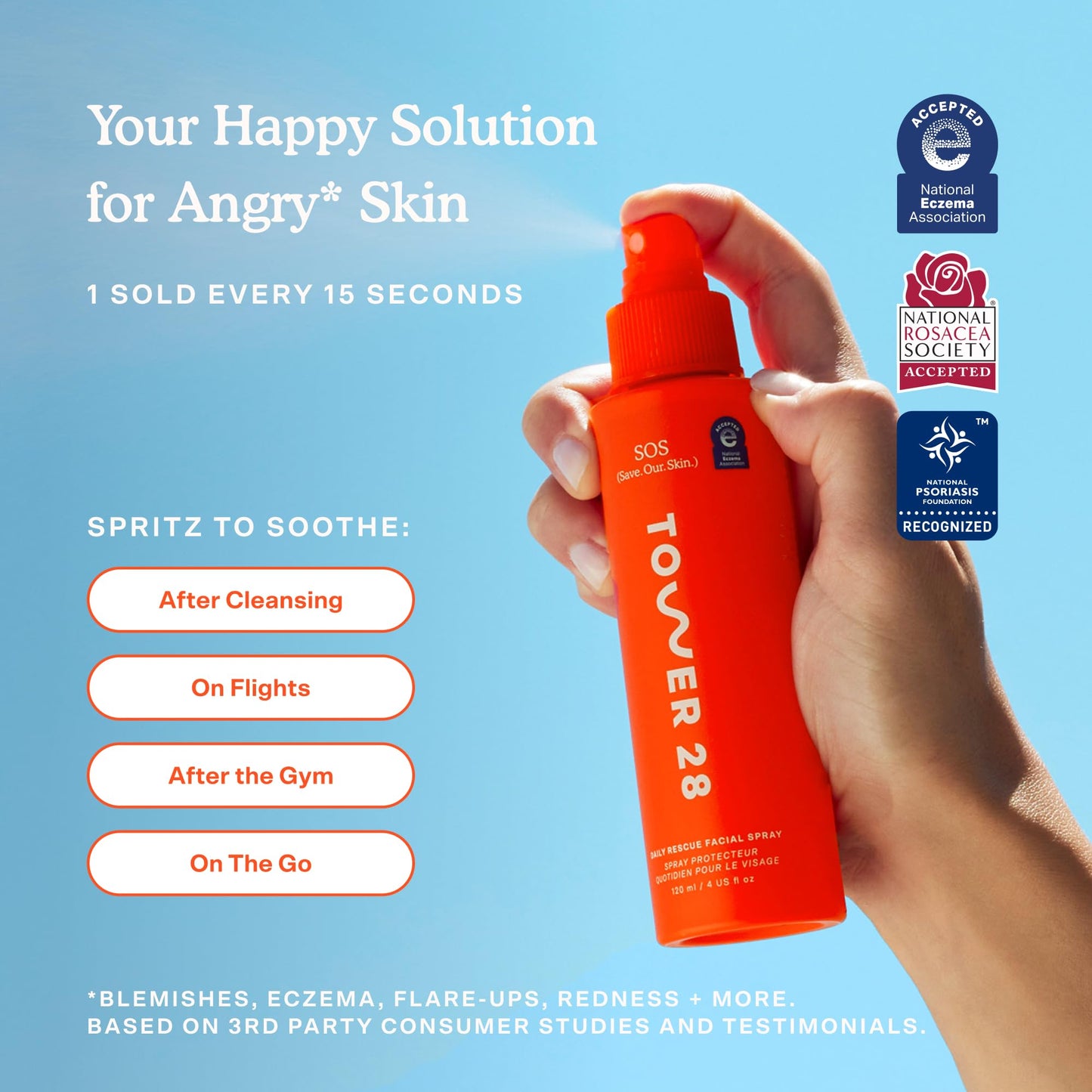 Tower 28 SOS Daily Rescue Facial Spray for Sensitive Skin, Hypochlorous Acid Spray Helps Visibly Reduce the Appearance of Redness and Breakouts, Travel Size Toner for Face, 1 FL Oz