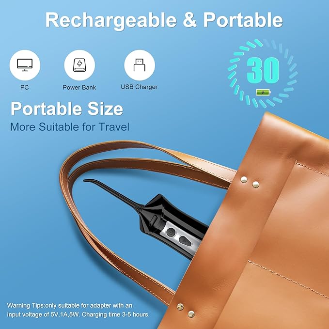 300mL Water Flosser Cordless - Rechargeable Travel Water Flossers for Teeth Cleaning with 5 Pressure Settings, 4 Tips, IPX7 Waterproof for Teeth Cleaning