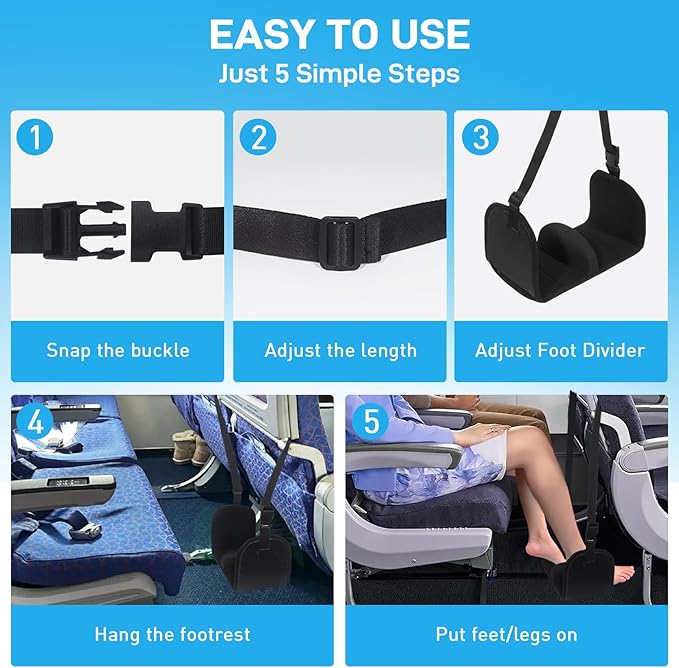 Airplane Foot Hammock, Foot Hammock for Travel Accessories with Ergonomic Removable Foot Divider Design, Airplane Foot Rest, Premium Comfortable Memory Foam & Hardboard for No Feet Clashing(Large)