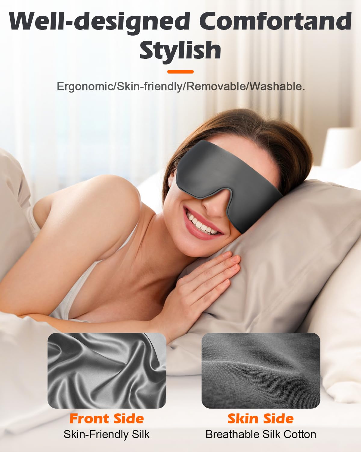 Silk Cordless Heated Eye Mask, Washable Sleep Mask Warm Compress Mask Soft Pressure Free Shade Blindfold Electric Eye Heating Pad for Blepharitis Sinus Stye Gifts for Men Women (Grey)
