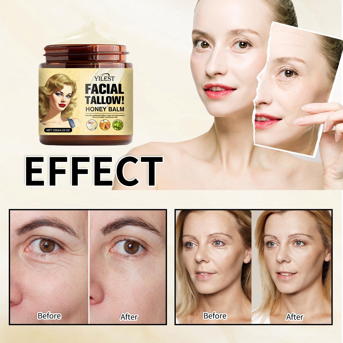 Vivipop Beef Tallow for Skin - Tallow and Honey Cream 4OZ, 2025 Natural Tallow Face Moisturizer for Cracked, Dry Skin, Organic Hydrating Deeply Moisturizing Beef Tallow Balm for Face & Body Skin Care