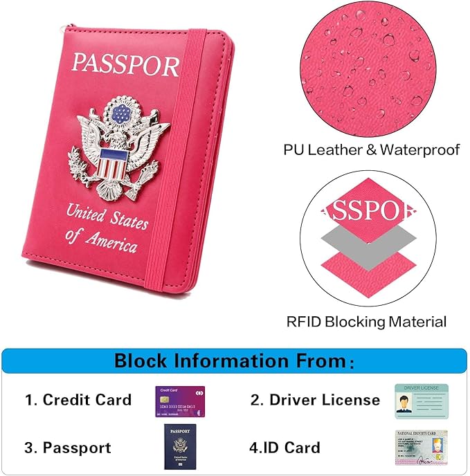 Cnycmy Passport Holder with Airtag slot,Passport-Wallet-Holder for Women,for Family, Rfid Passport Book Card Slot Waterproof, passport holder for travel (rose red1)