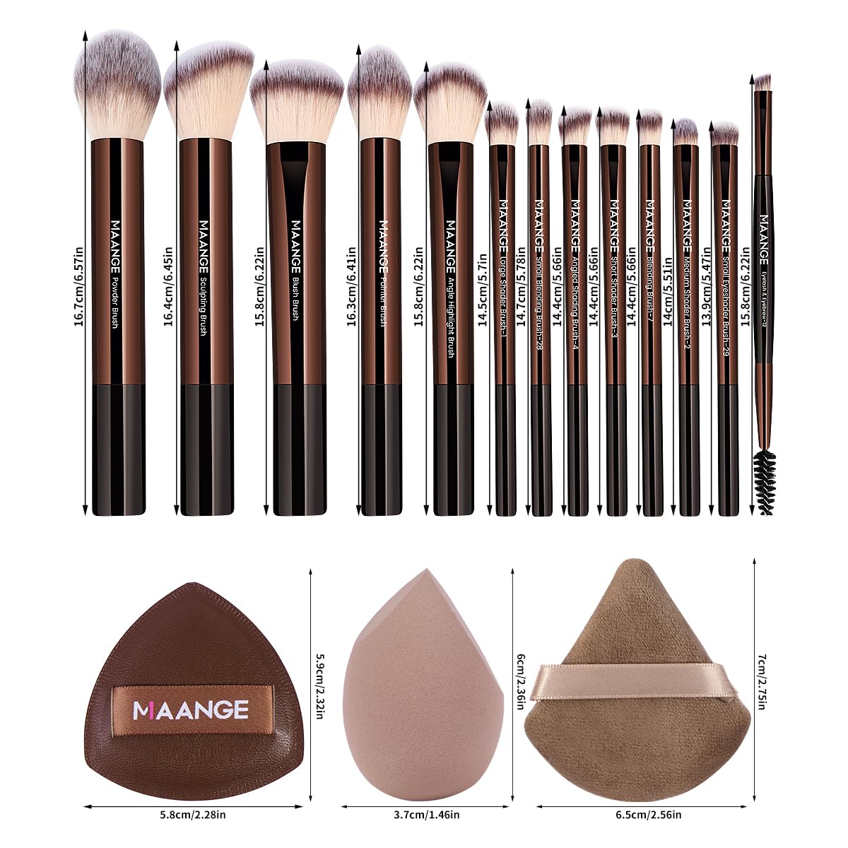 MAANGE 16PCS Makeup Brush Set Travel Makeup Brushes for Liquid Powder Contour Concealer Cream Cosmetics Blending Eyeshadow Eyeliner (Coffee)