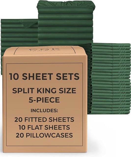 Bulk Case Pack of 10 Sheet Sets - (10) Complete Split King Size Sheet Sets w/ Deep Pockets - Wholesale Bulk Bedding for Hotels, Spas & Airbnbs - Breathable & Wrinkle Free - (Split King, Emerald Green)