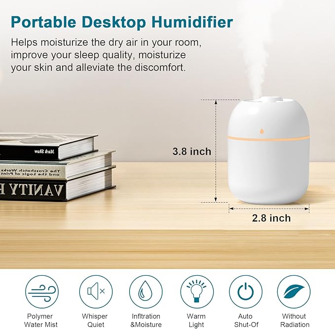 Portable Small Humidifier, USB Personal Desktop Humidifier for Car, Office Room, Bedroom, Auto Shut-Off, 2 Mist Modes, Super Quiet(220ml, White)