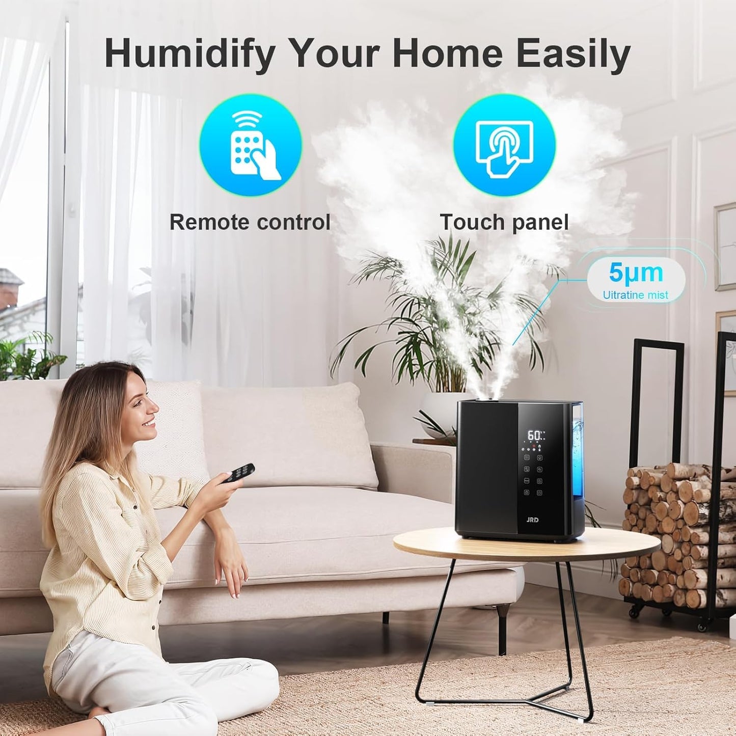 JRD Smart Humidifiers for Bedroom, 5L Warm & Cool Mist Ultrasonic Air Humidifier for Large Room Home Indoor, 50Hrs Quiet Runtime for Baby, Plants, Remote Control, Auto Humidity Sensor, 12H Timer