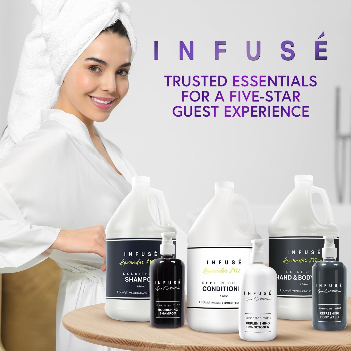 Infuse Lavender Mint Gallon & Dispenser Set | 1-Shoppe Amenities Kit | Shampoo, Conditioner, Body Wash | Refillable 10.14 oz Pump Bottles