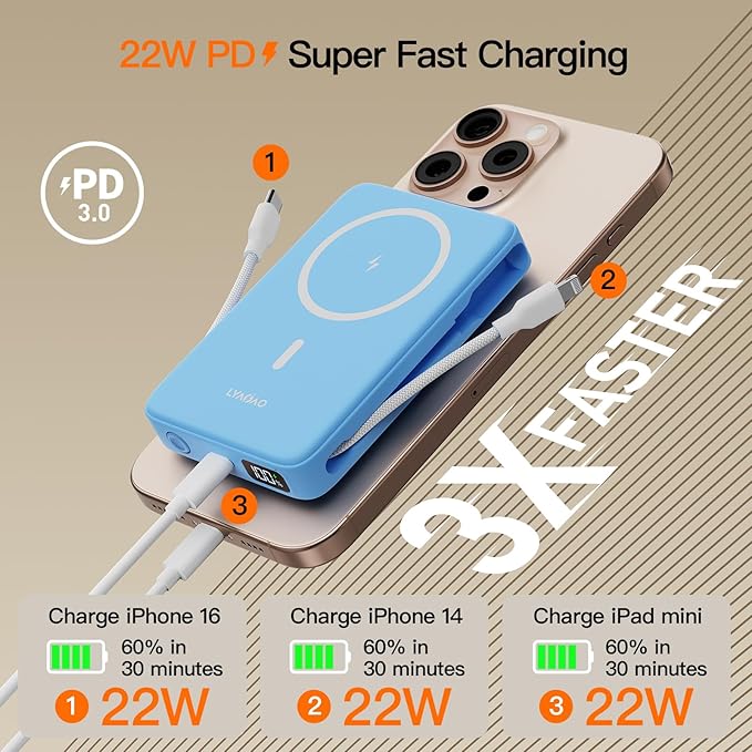 2025 Latest Portable Charger, 16800mAh Magnetic 15W Wireless Power Bank with 2 Built in Cables, LED Display Battery Pack Travel Essentials for iPhone 17/16/15/14/13/12/Pro/Mini/Pro Max