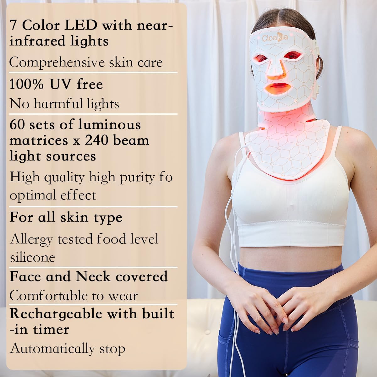 Cloakla K11 LED Red Light Therapy Face Mask & Neck | 7-Color Light Modes + Near-Infrared | 5 Timers & 3-Speed Settings| Portable Foldable Design for Home & Travel Skincare