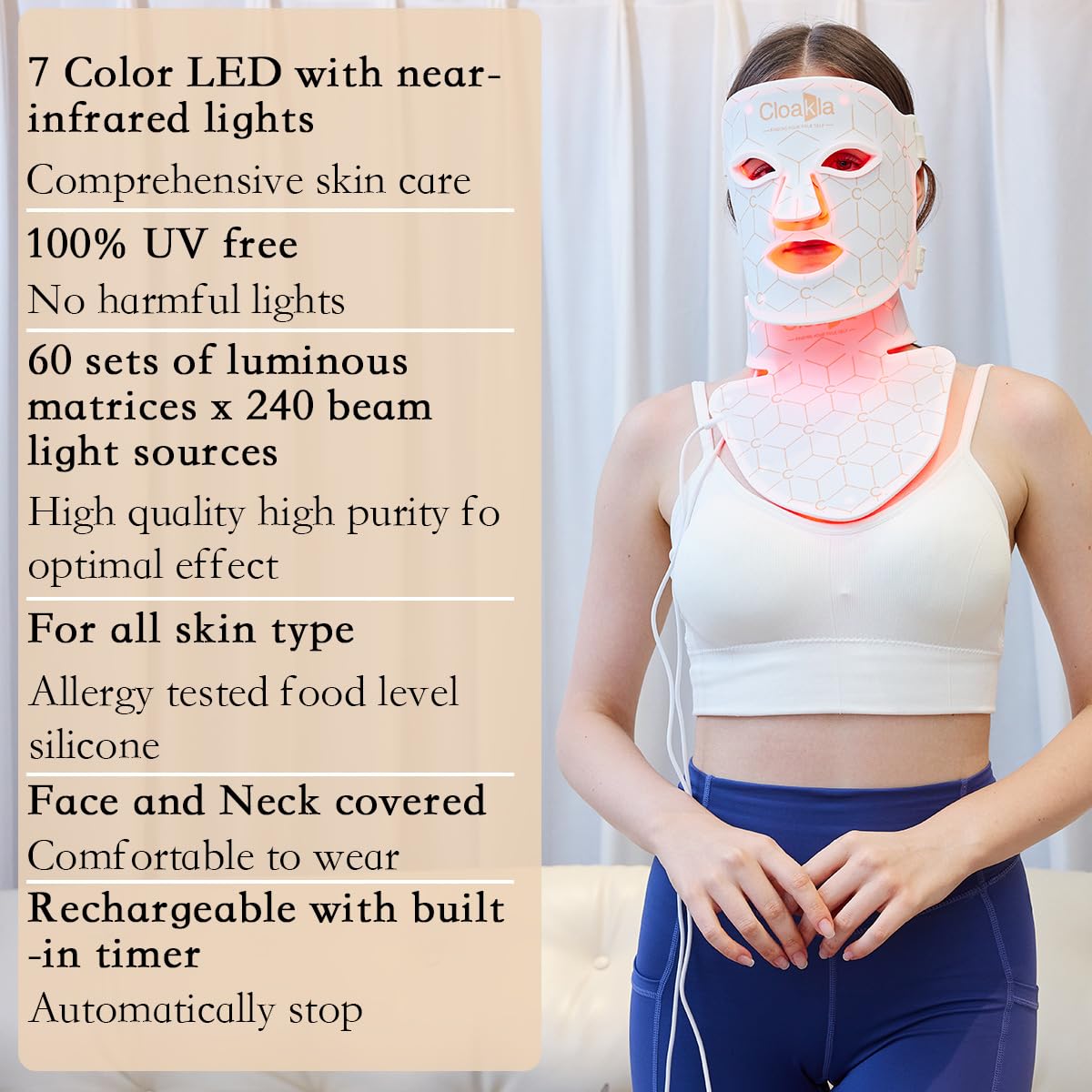 Cloakla K11 LED Red Light Therapy Face Mask & Neck | 7-Color Light Modes + Near-Infrared | 5 Timers & 3-Speed Settings| Portable Foldable Design for Home & Travel Skincare