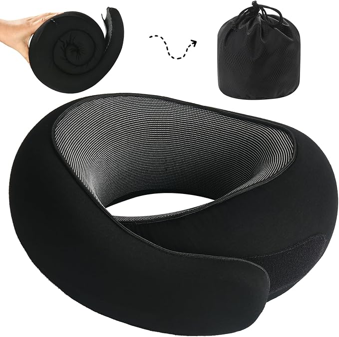 Neck Pillow, Travel Pillow uses Memory Foam to Support Neck Comfort, Ideal Companion for Airplane and car Travel, Compact, Convenient, and Versatile Airplane Sleep Pillow(Black)