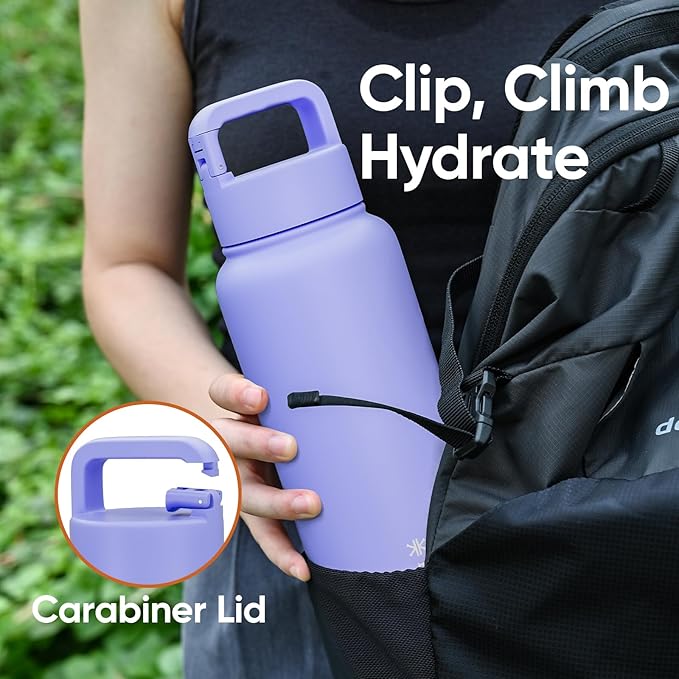 32 oz Insulated Water Bottle, 2-in-1 Lid, Straw & Spout with Protected, Leak Proof, Keep Cold, Stainless Steel, Metal, Reusable, Handle, for Outdoor, Gym and School, 2 Lids, Aurora Blue