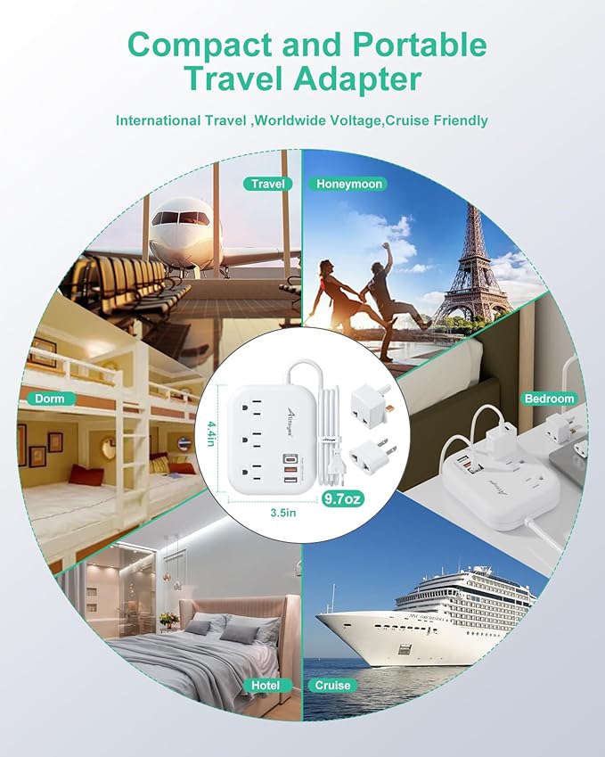 Alitayee PD30W USB C Travel Power Strip, European Travel Plug Adapter with 3 Outlets 3 USB Ports, International Universal Plug Adapter with 4ft Extension Cord to EU US UK Italy Spain France Germany