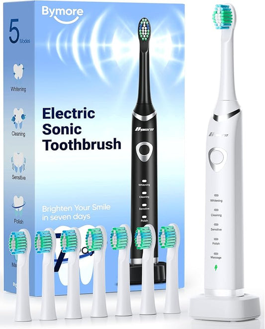 Bymore Electric Toothbrush for Adults,Travel Sonic Toothbrush with 8 Replacement Heads, Ultra Clean RechargeableToothbrush Portable One Charge for 330days 5 Modes 2mins Timer-White