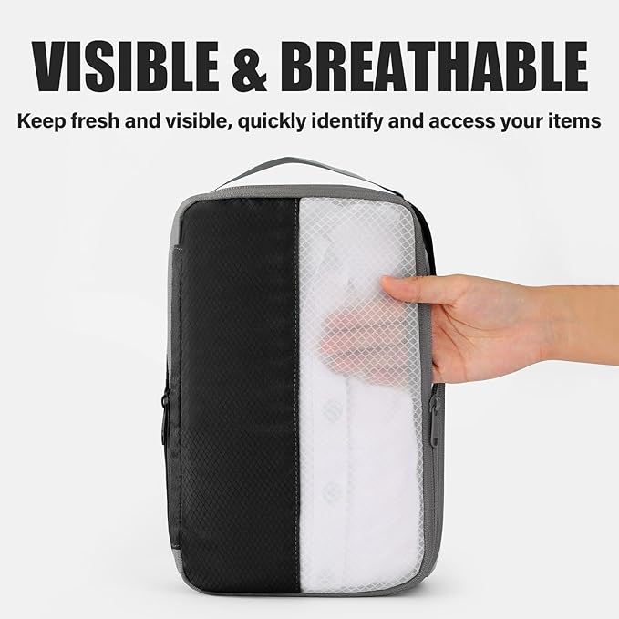 6 Set Compression Packing Cubes for Travel, Lightweight and Space-Saving Luggage Organizer Bags, Sturdy Travel Essentials for Suitcase, Black