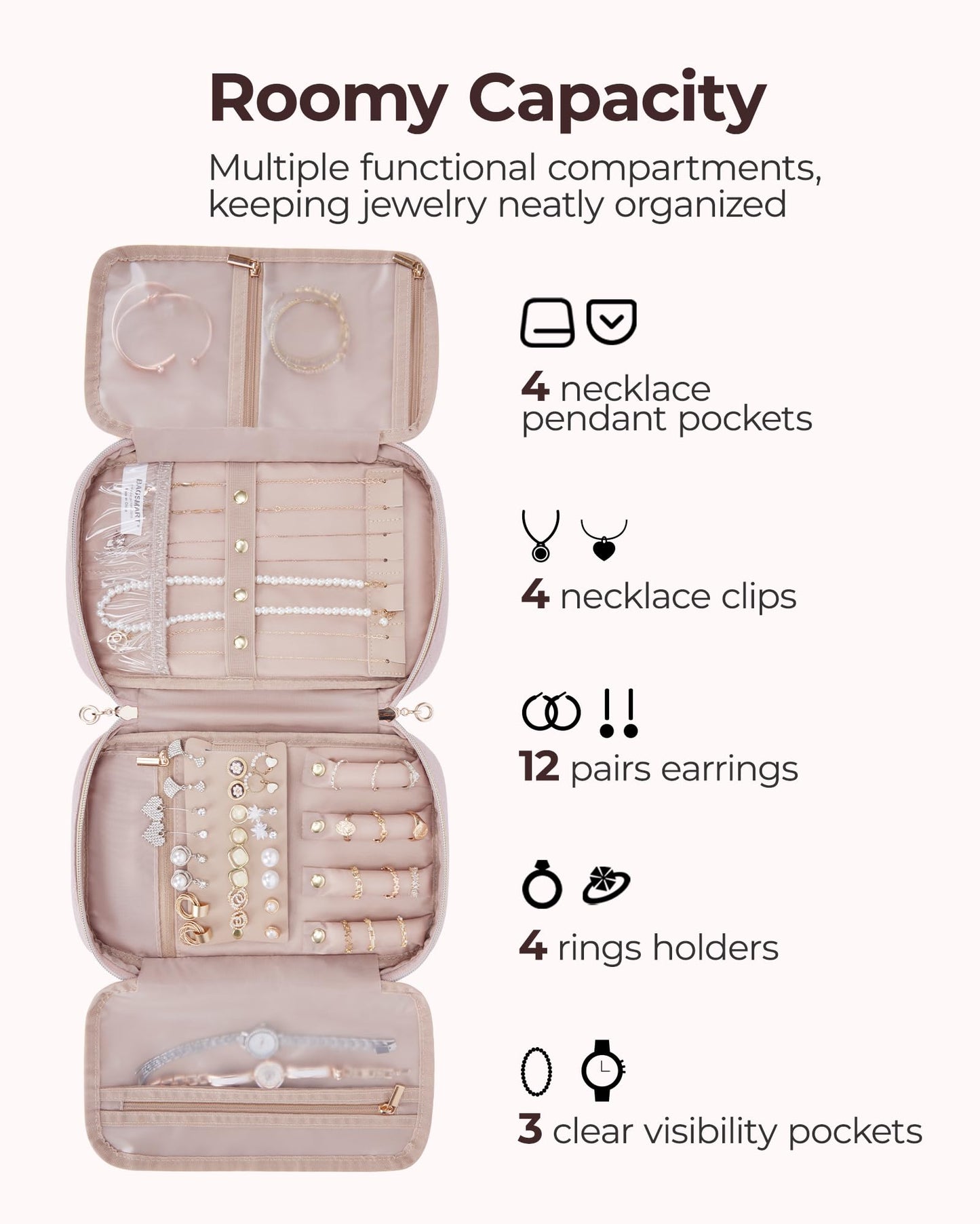 BAGSMART Jewelry Organizer Case Travel Jewelry Storage Bag for Necklace, Earrings, Rings, Bracelet, Soft Pink